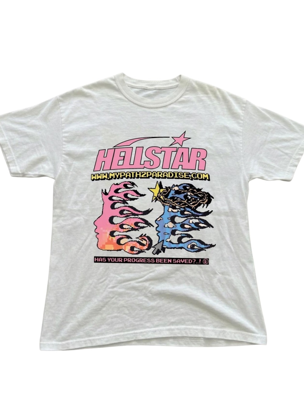 Gildan White Graphic Tee with Pink & Blue Flame Design